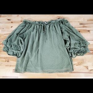 Cato Top Sz 22/24W Green Ruffle Puff Off Shoulder Dot Boho Prairie Blouse